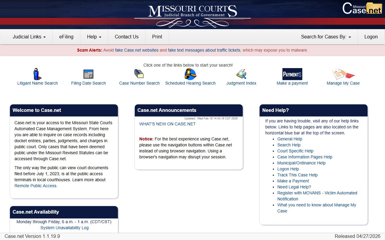 Missouri Case.net public case search welcome screen