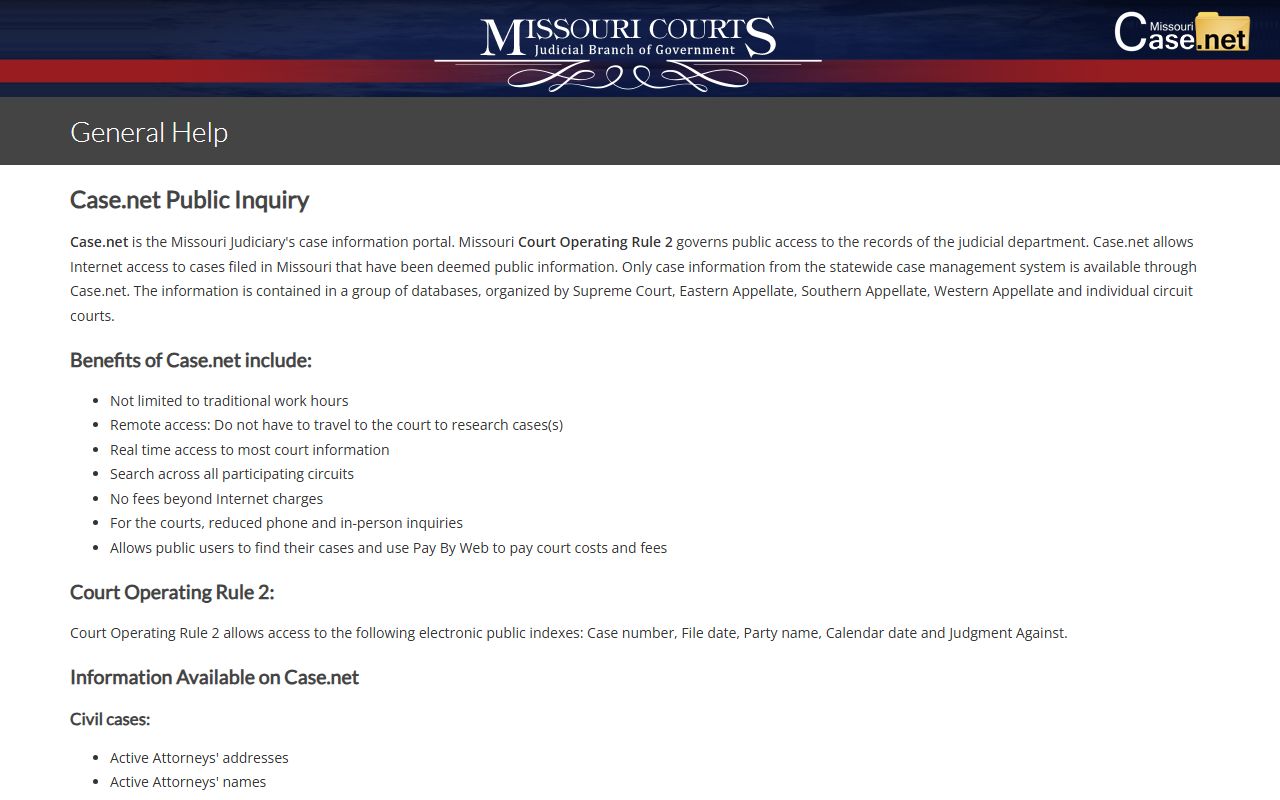 Case.net general help page explaining St. Louis County court search methods