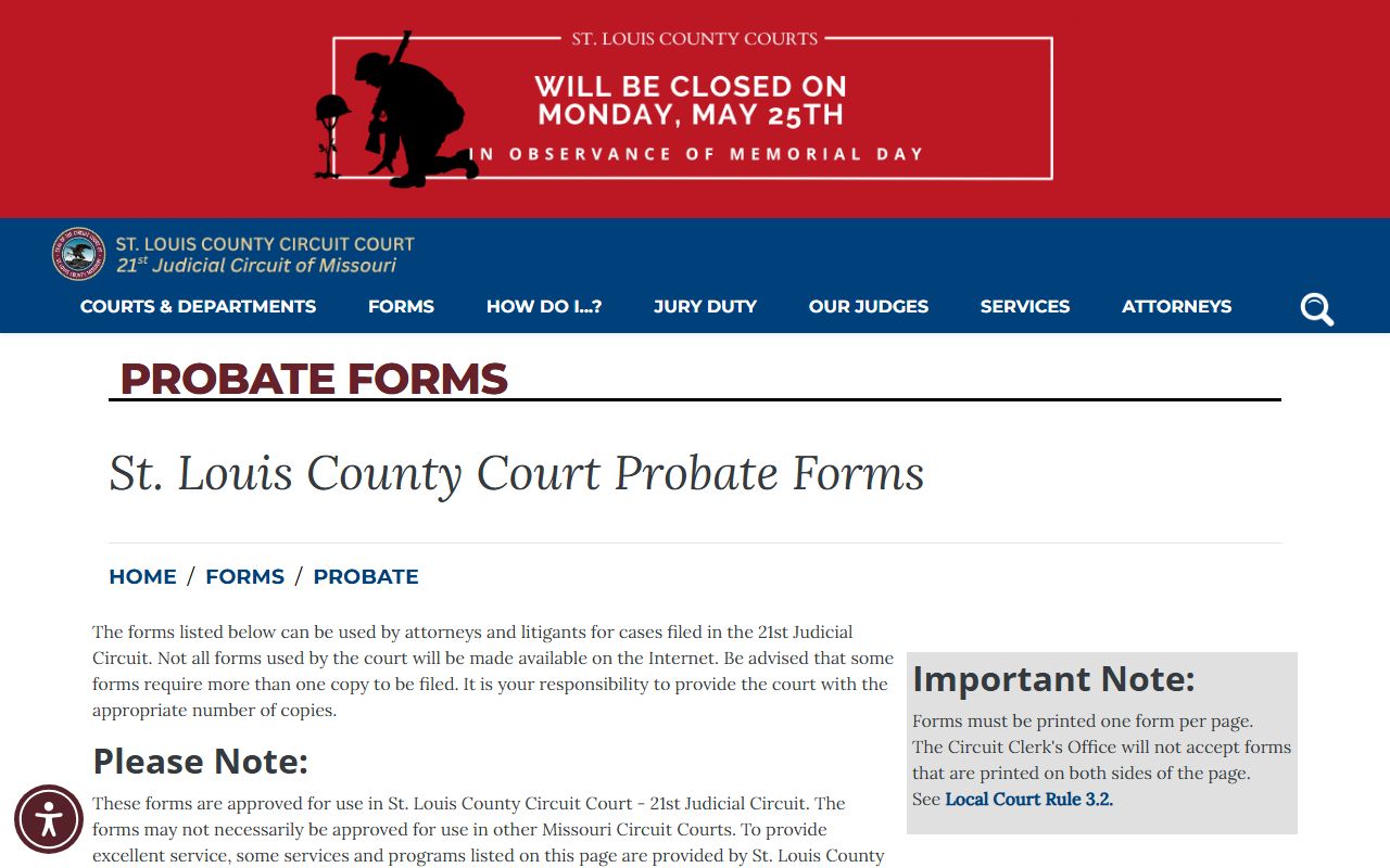 St. Louis County probate forms page with packets and trust filings