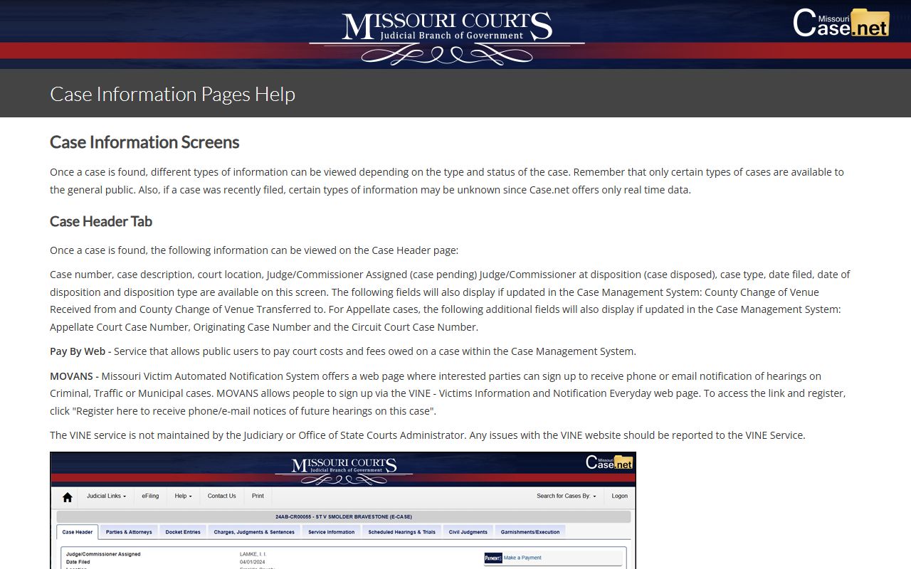 Missouri Courts case information page help for St. Louis County court records