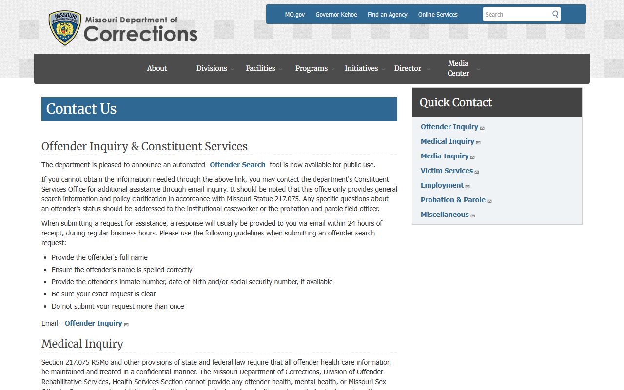 Missouri DOC contact page used for St. Louis County released inmate inquiries