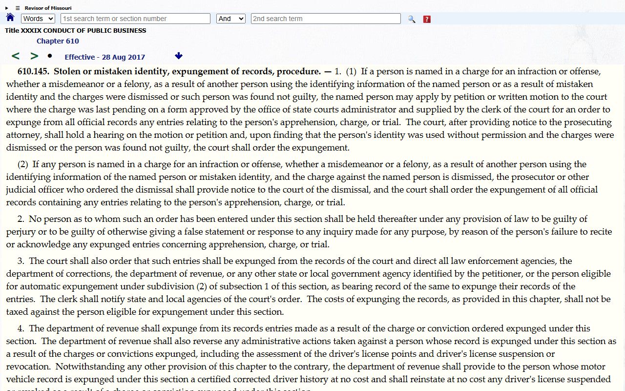 RSMo 610.145 mistaken identity expungement for St. Louis County arrest records