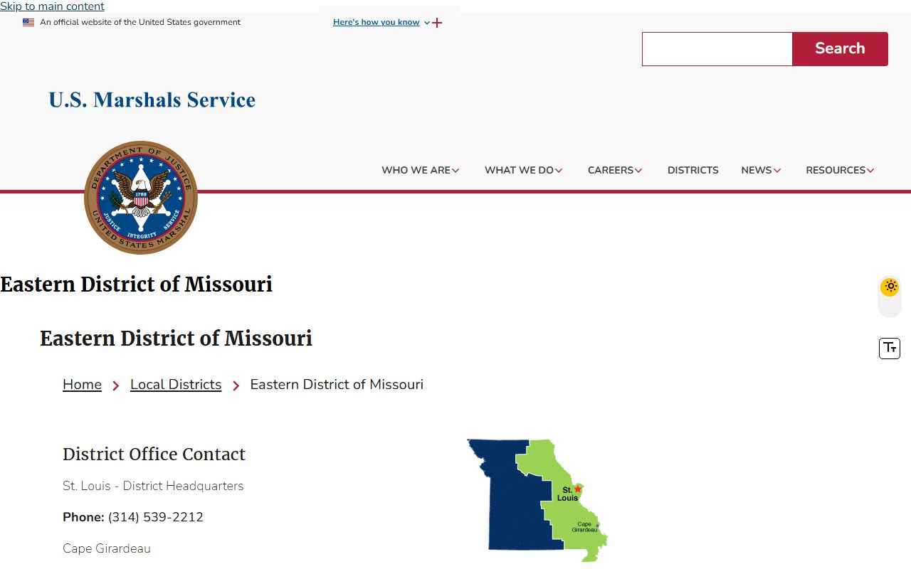 U.S. Marshals Eastern District of Missouri for federal warrants