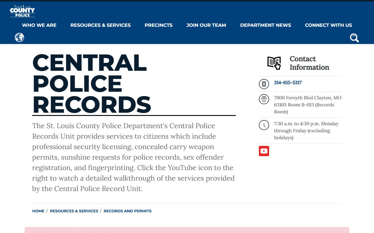 St. Louis County Central Police Records page for inmate and arrest searches