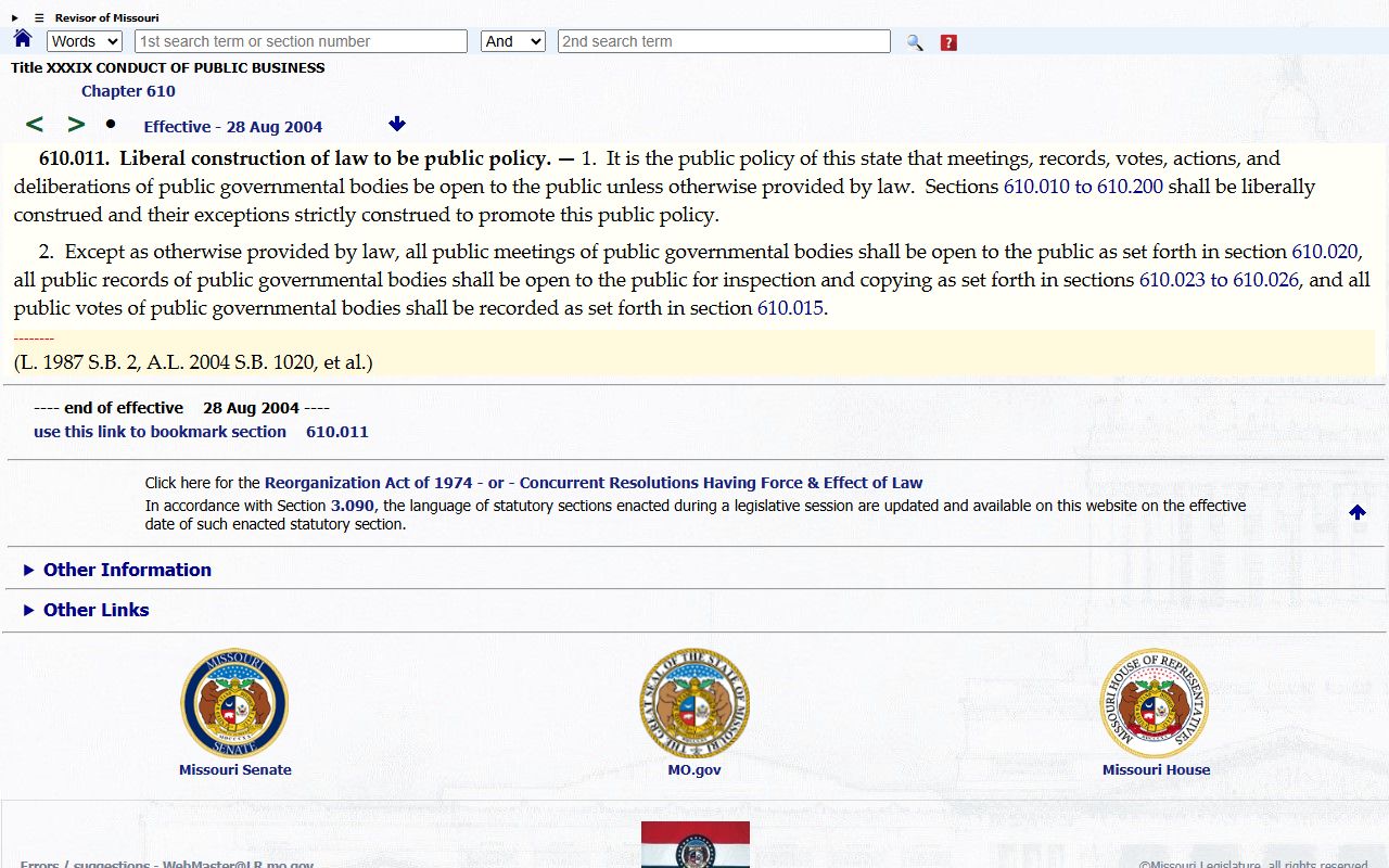 RSMo 610.011 Sunshine Law public policy for St. Louis County public records