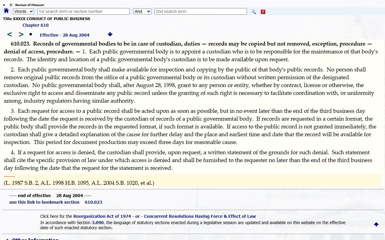 RSMo 610.023 custodian response section for St. Louis County public records
