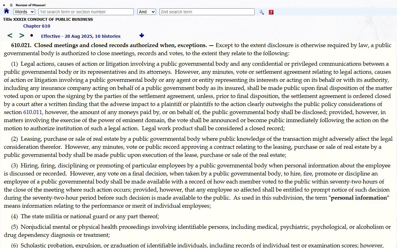 RSMo 610.021 closed records section for St. Louis County public records